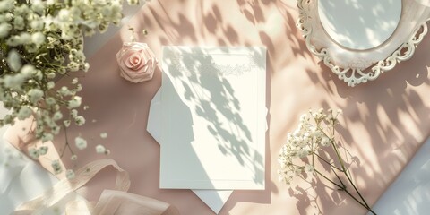 Elegant mockup of a wedding invitation, placed on a table with wedding dTcor items, creating a romantic scene