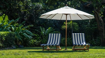 Obraz premium Two striped lounge chairs under a white umbrella on a green grassy lawn.