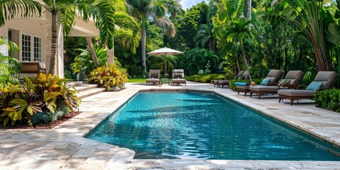 An outdoor pool area with marble stone decking, comfortable lounge chairs, and lush landscaping, ideal for relaxation and leisure