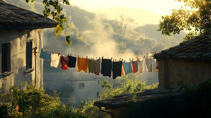 Early morning in a quaint village, with mist rising and clothes on a line catching the first rays of sunlight, creating a serene and tranquil atmosphere