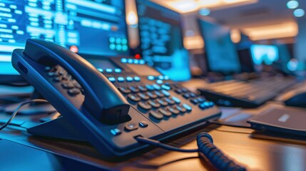 Phone: A landline or VoIP phone used for making and receiving calls. It features a speakerphone, dial buttons, and voicemail access for comprehensive communication.
