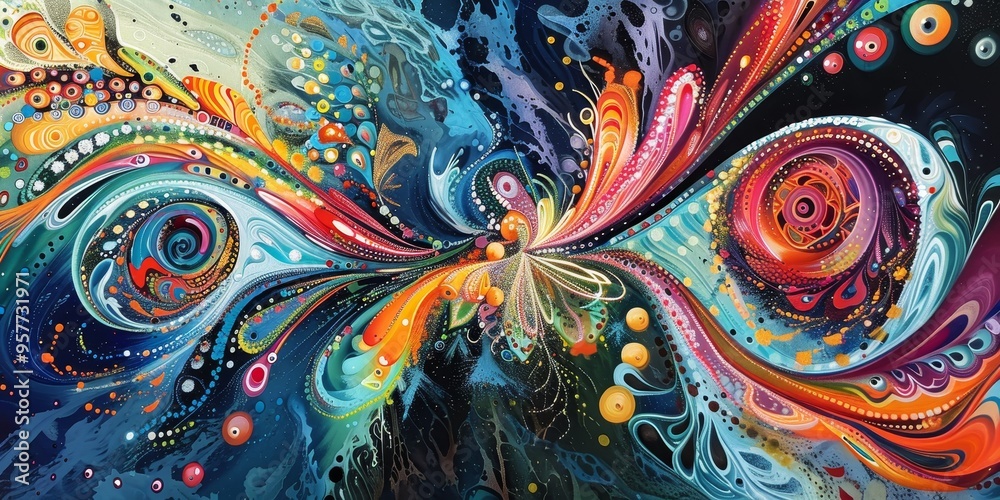 Poster An abstract artwork showing the process of mutation in a vibrant, dynamic way, with swirling patterns and bright colors