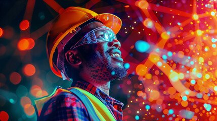 Smiling engineer in safety gear watching a high-tech light display