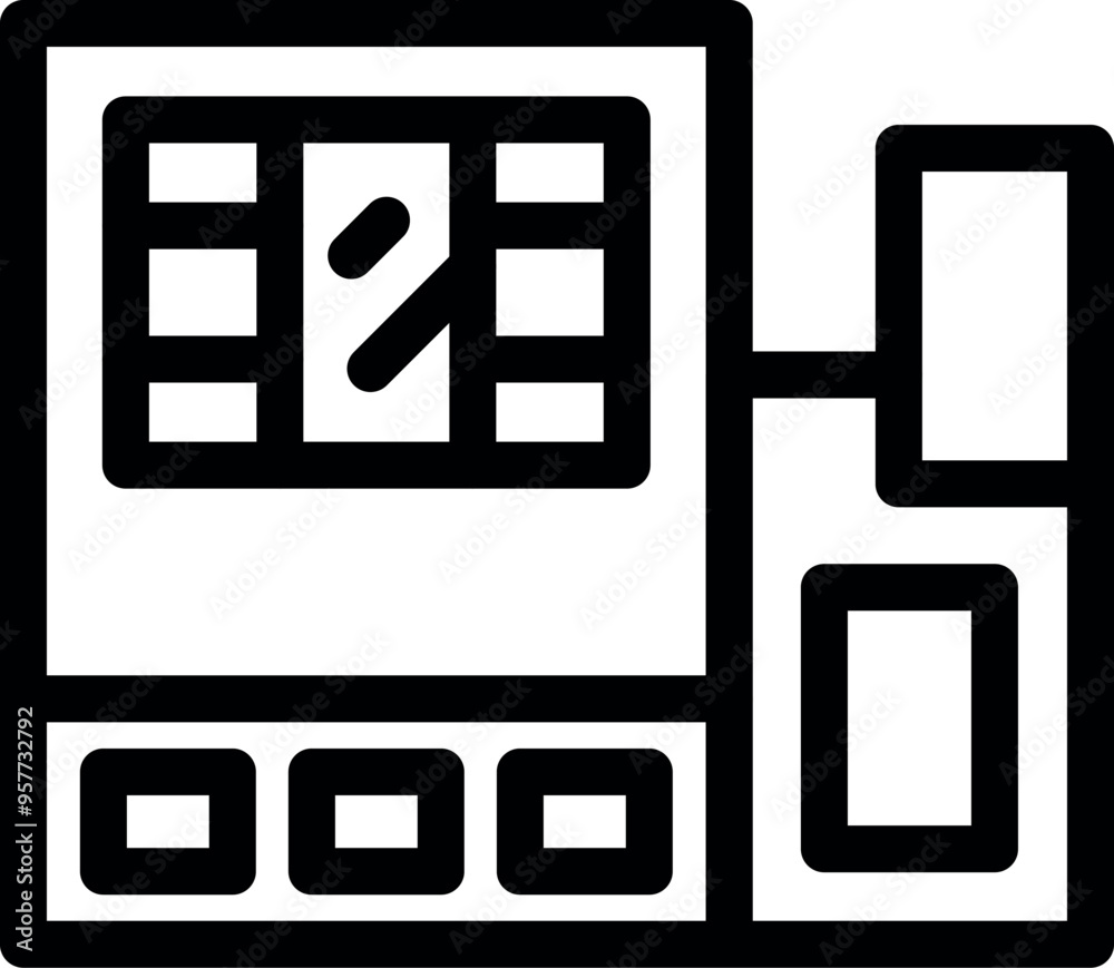 Poster icon of a cnc machine processing metal detail with buttons and screen displaying program