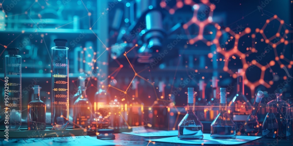 Aufkleber High-resolution image of a molecular structure with connecting bonds, set against a background of lab notes and scientific equipment