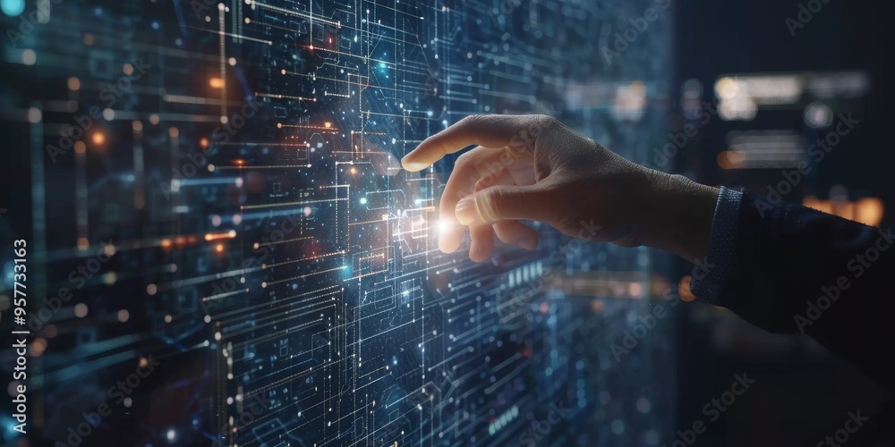 Poster digital transformation concept with human hand touching a digital screen, symbolizing innovation and