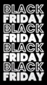 Black friday text cinematic title trailer animation vertical video on black background. Flicker Text Animation. High-quality 4K footage