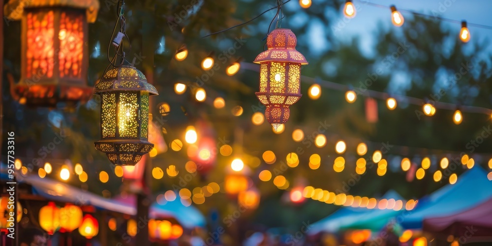 Poster a row of lanterns lighting a festive outdoor market, adding a cheerful and vibrant atmosphere to the