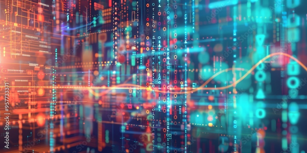 Poster Abstract digital technology background with machine learning and AI concept with data analysis flow