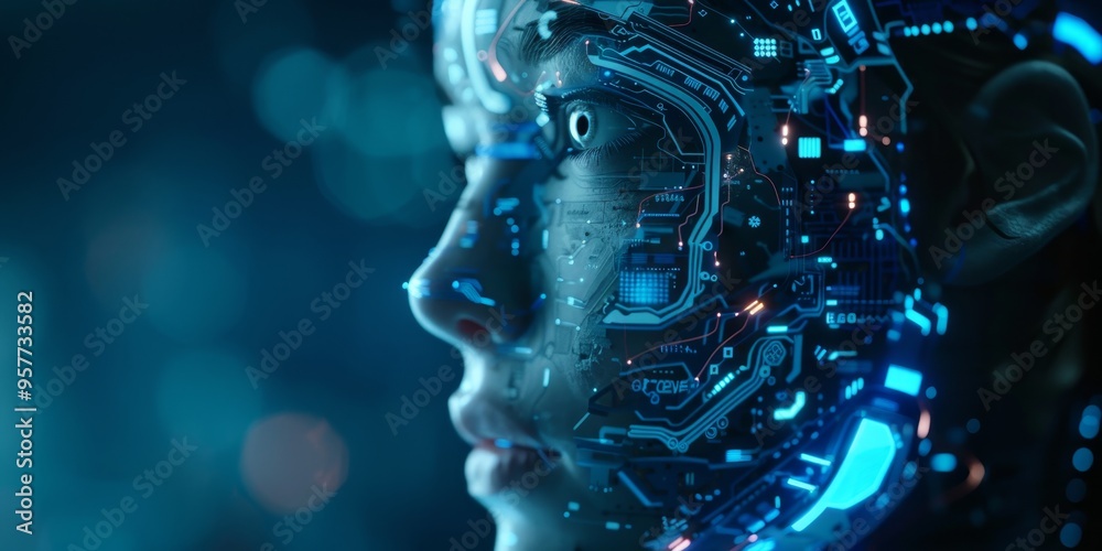 Aufkleber Artificial intelligence concept with futuristic robot face and digital brain, representing AI and machine learning technology