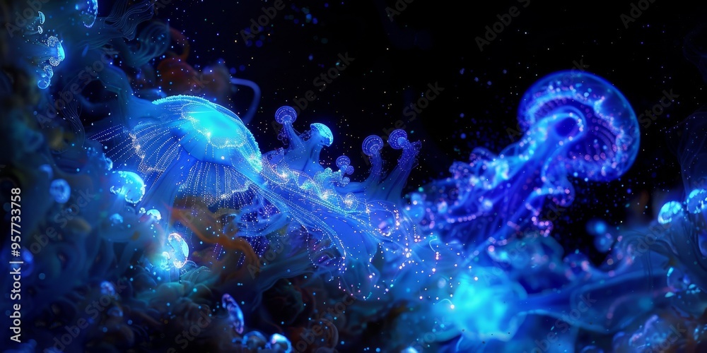 Poster the glow of bioluminescent organisms underwater, creating a mesmerizing and otherworldly marine scen