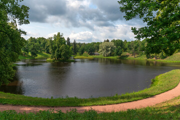 View of the Lower Pond in the Oranienbaum Palace and Park ensemble on a summer day, Lomonosov, St....