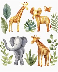 Animal safari props, wild theme, watercolor illustration, isolated on white background