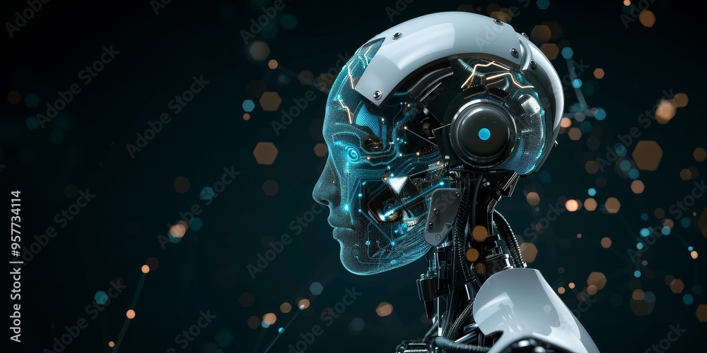 Aufkleber Artificial intelligence concept with futuristic robot face and digital brain, representing AI and machine learning technology