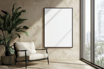 Poster Frame in Beige minimalist living room interior created with generative AI
