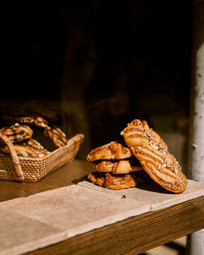 Freshly Baked Pastries in a Bakery Window
