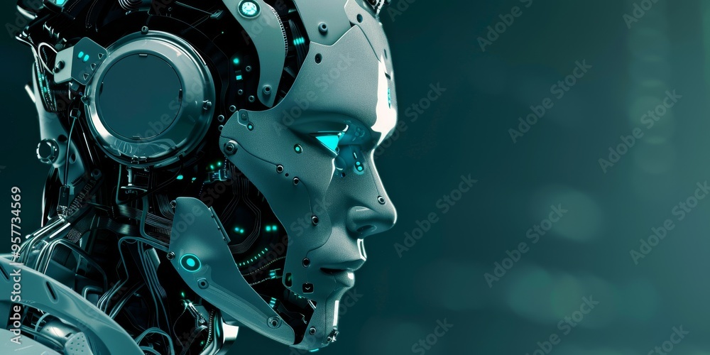 Aufkleber Artificial intelligence concept with futuristic robot face and digital brain, representing AI and machine learning technology