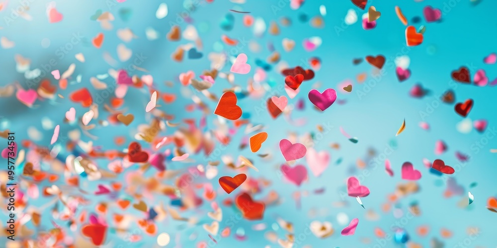 Wall mural Heart-shaped confetti falling gently, adding a festive touch to Valentine's celebrations