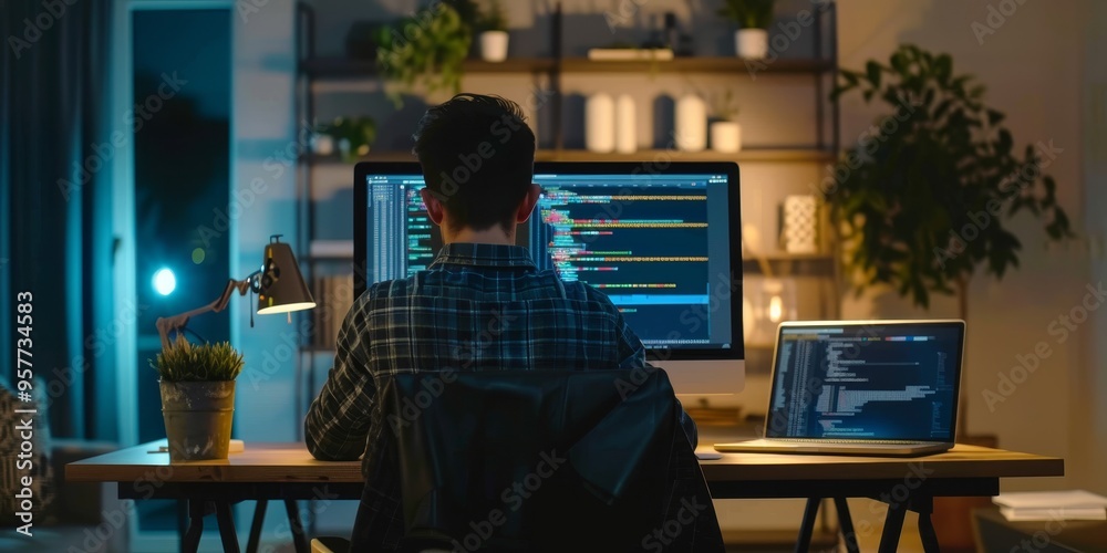 Poster Programmer coding a responsive website interface with HTML and CSS on a computer screen