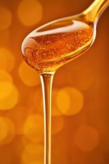 Honey Dripping From Spoon on Golden Background