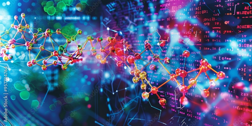Aufkleber artistic depiction of molecular structures in bright colors, set against a digital background of gen