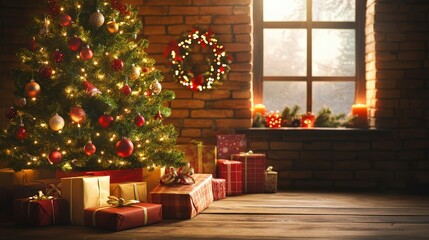 Obraz premium Festive Christmas Tree Background with Ornaments and Lights for Holiday Celebration Atmosphere