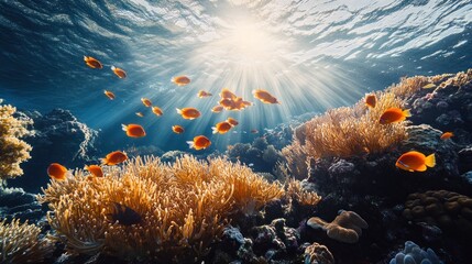 Underwater Paradise: Sunbeams illuminate a vibrant coral reef teeming with life