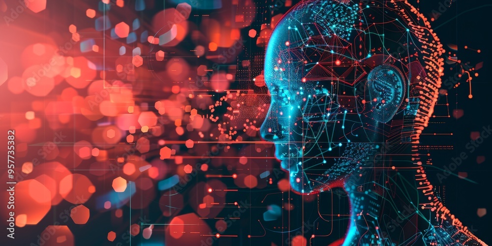 Poster AI and machine learning technology concept with digital data analysis and abstract futuristic background
