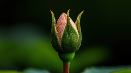 Close Up of a Single Rose Bud Blooming Against a Dark Green Background