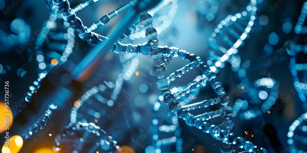 Poster High-quality image of a DNA molecule, showcasing its intricate structure, placed over a background of laboratory research tools