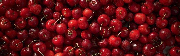 Red cherries with water drops on a dark background.