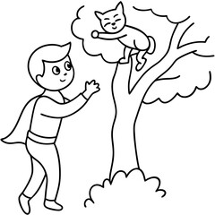 Superhero kid rescuing a cat from a tree