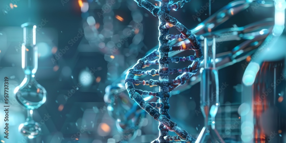 Poster high-quality image of a dna molecule, showcasing its intricate structure, placed over a background o