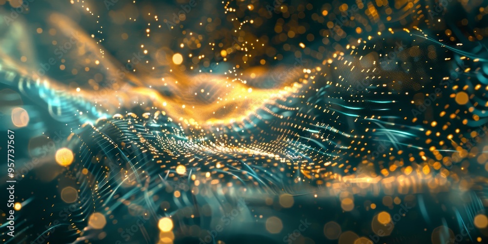 Aufkleber Quantum computing concept with abstract digital particles and binary code, symbolizing advanced computing technology