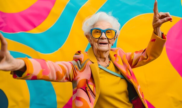 Funny grandmother portraits. 80s style outfit. Dab dance on colored backgrounds. Concept about seniority and old people. 