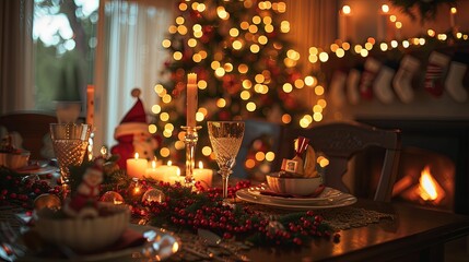 Obraz premium Christmas Table Setting with Candles, Wine Glass, and Decorations