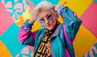 Funny grandmother portraits. 80s style outfit. Dab dance on colored backgrounds. Concept about seniority and old people. 
