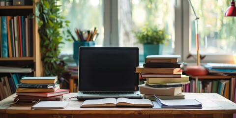 Laptop on a student's desk with textbooks and notebooks, emphasizing academic studies and digital learning tools