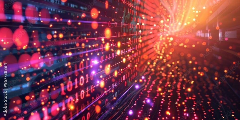 Aufkleber Quantum computing concept with abstract digital particles and binary code, symbolizing advanced computing technology