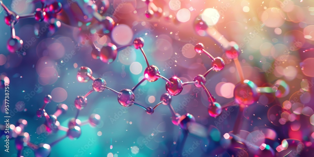 Poster abstract visualization of a molecular structure, with vibrant hues, placed over a high-tech lab envi