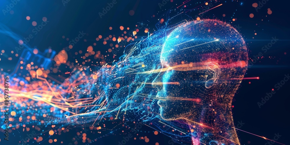 Poster Machine learning algorithms and artificial intelligence technology concept with digital data flow on abstract background