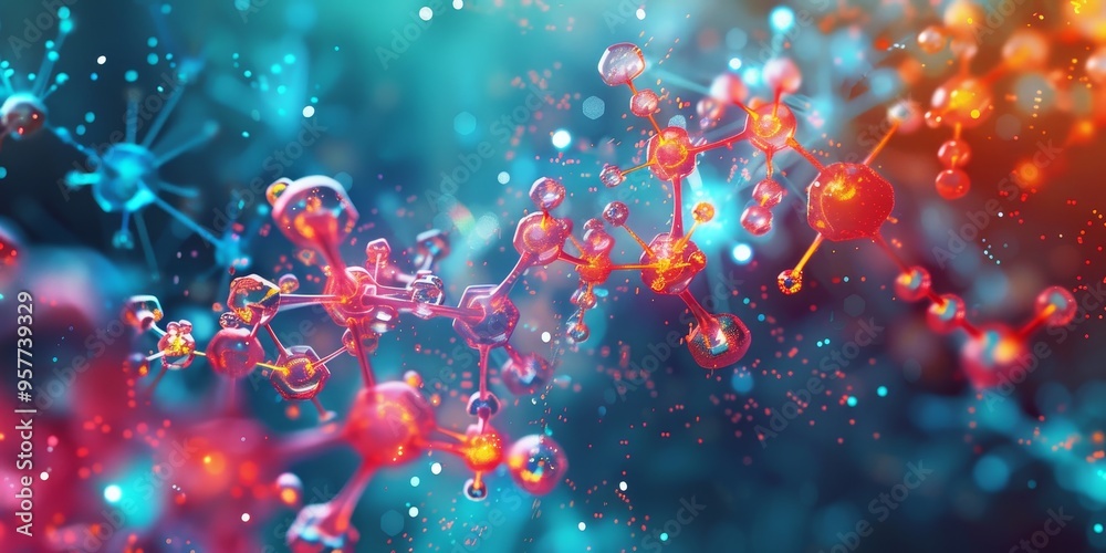 Aufkleber Artistic rendering of molecular structures in dynamic colors, set against a backdrop of digital data and scientific elements