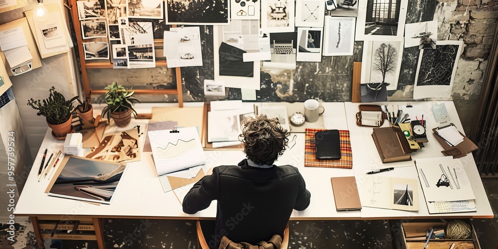 Poster Creative workspace with a mood board and sketches inspiring a new web design project