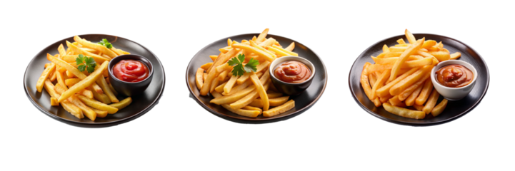 French Fries with Sauce on Black Plate - Cut Out PNG Graphic