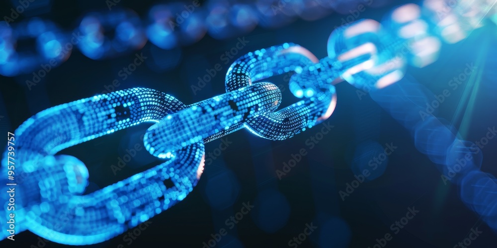 Poster Blockchain technology concept with digital chain and secure transactions, symbolizing decentralized finance and cryptography