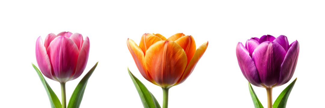 Front View of a Different Type of Tulip Flower Collection on Transparent Background