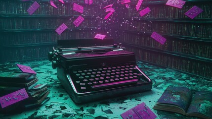 Vintage Typewriter with Pink Notes in a Dusty Library