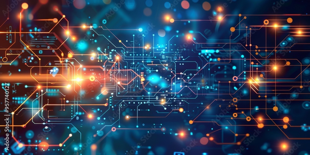 Poster Abstract machine learning and AI technology concept with digital data flow on technological background
