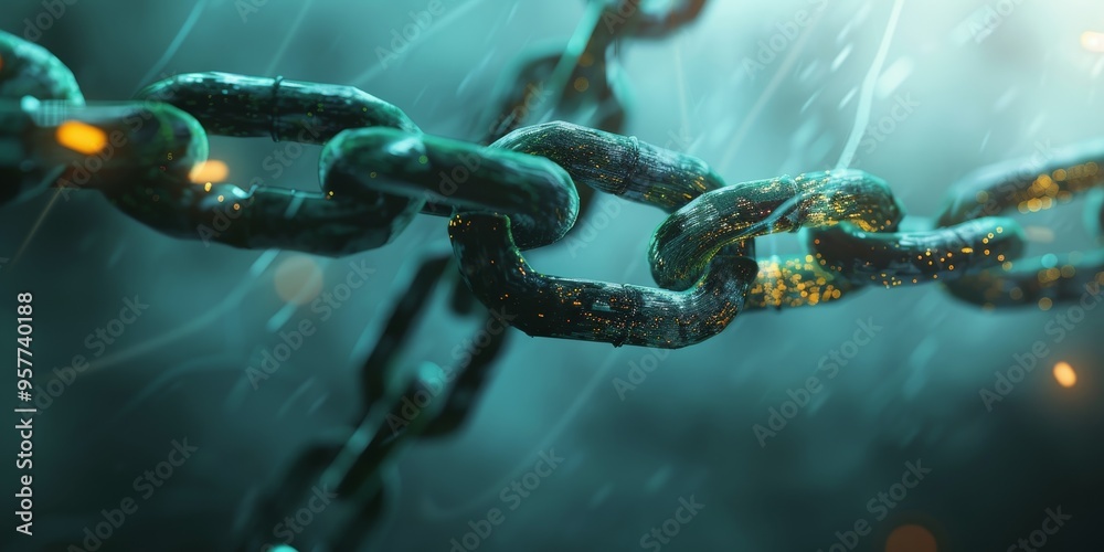 Poster Blockchain technology concept with digital chain and secure transactions, symbolizing decentralized finance and cryptography