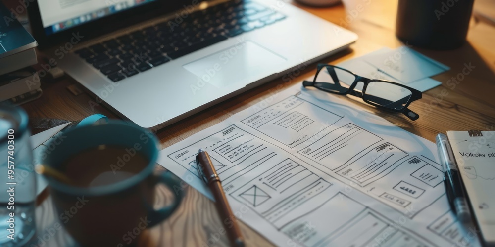 Poster Digital wireframes and user flow diagrams on a designer's desk, emphasizing UX design principles